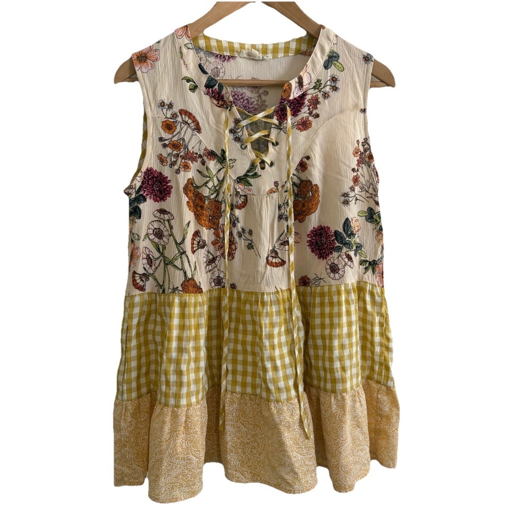 Mystree Boho Patchwork Tiered Cottage Tunic Top Floral Gingham Sleeveless Size L